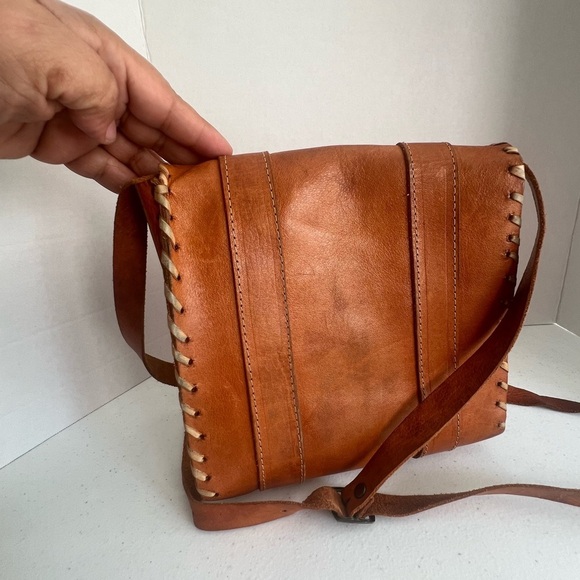 Vintage Handmade Leather Satchel Bag Cognac Brown Whipstitch Double Buckle Strap - Picture 3 of 8